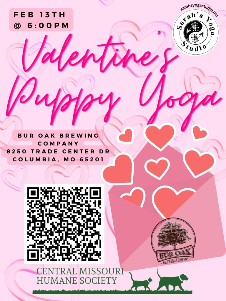 A woman interacting with two rabbits on a yoga mat, promoting an event called 'Bunny Yoga' scheduled for February 8th at 10:00 AM.