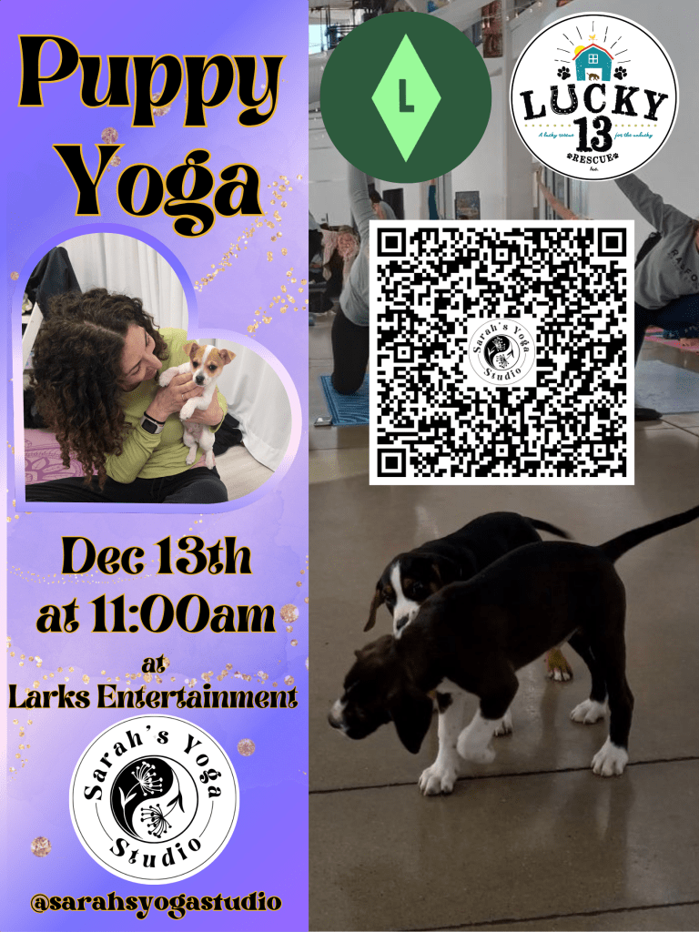 A promotional poster for a Puppy Yoga event featuring a woman holding a puppy, details about the event including date, time, and location, and various logos and a QR code.